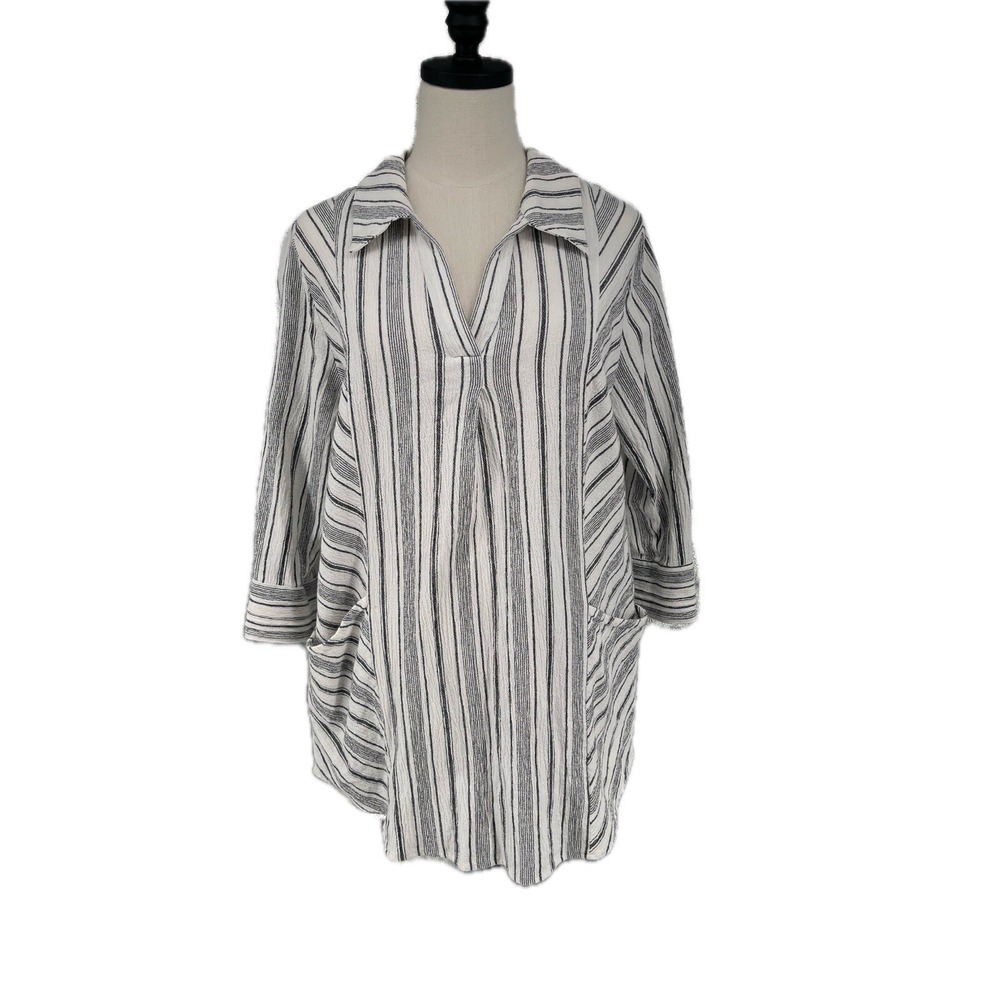 Soft Surroundings White/Black Striped Collared V-Neck Tunic Top Shirt Boho L
